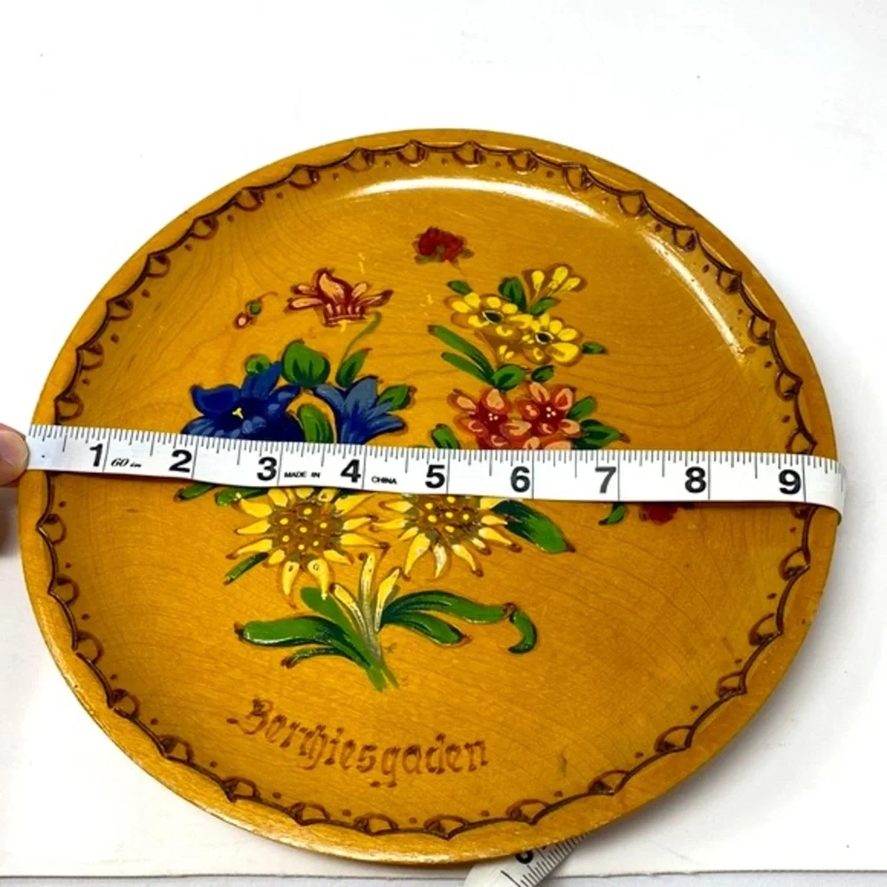 Vintage German Hand Painted Wood Plate Floral Carved Wall Decor Berchtesgaden